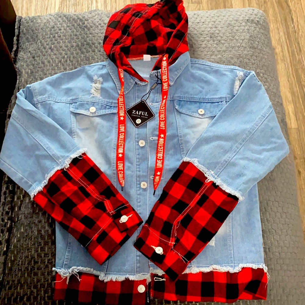 Denim jacket with Plaid